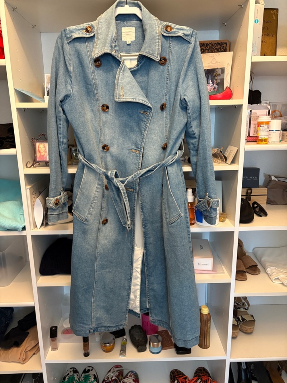 Light Blue Denim Trench Coat with Waist Tie
